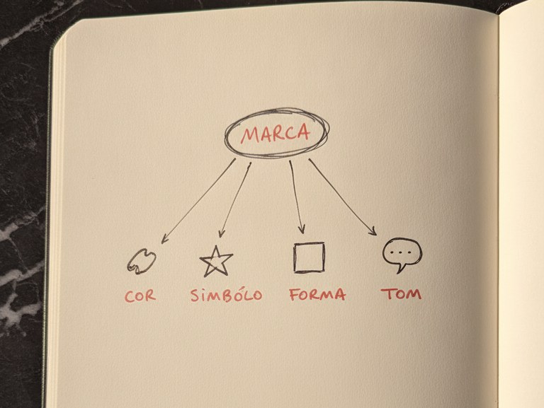 Diagrama dos ativos distintivos ao redor da marca: cor, símbolo, forma e tom