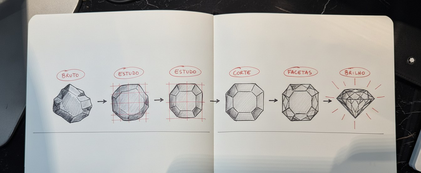 Diagrama do processo de lapidação de uma marca, do bruto ao lapidado